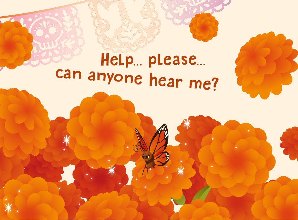 Mia the monarch butterfly lost among the marigolds